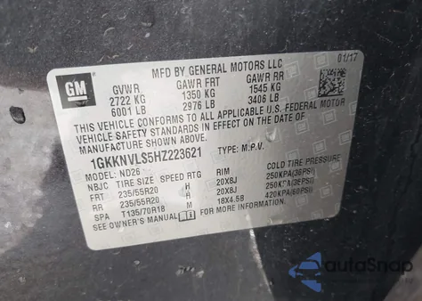 2017 GMC Acadia Slt-1 z USA, uszkodzony, nr VIN 1GKKNVLS5HZ223621